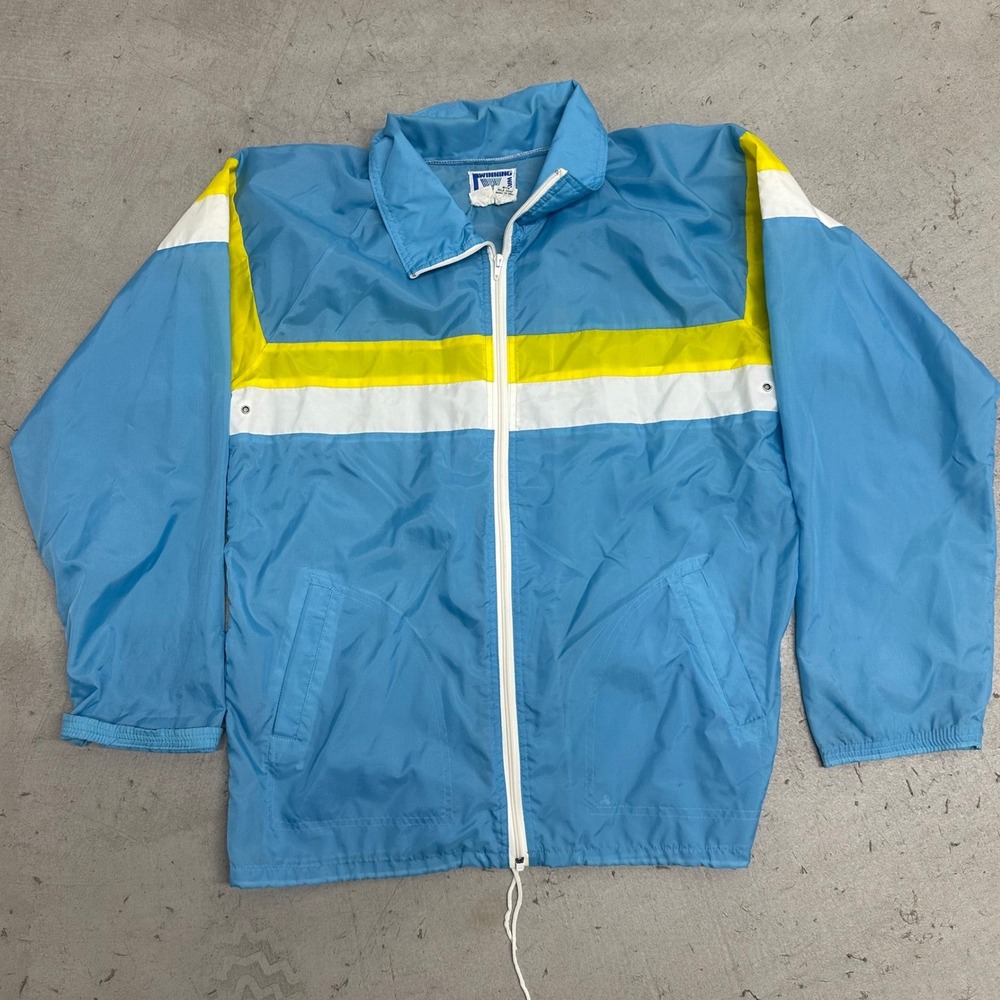 Vintage 80s Winning Ways Windbreaker Jacket XL Blue Yellow Stripe Retro Y2K